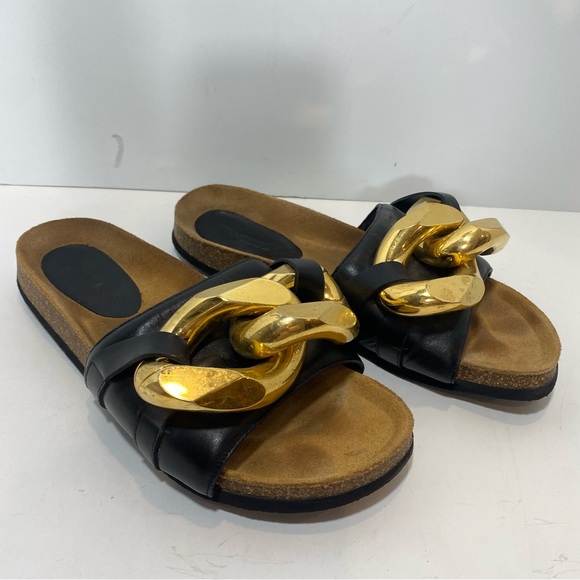 JW Anderson Black Leather Large Gold Chain-Link Sandal Slides Size 11 - Picture 1 of 6